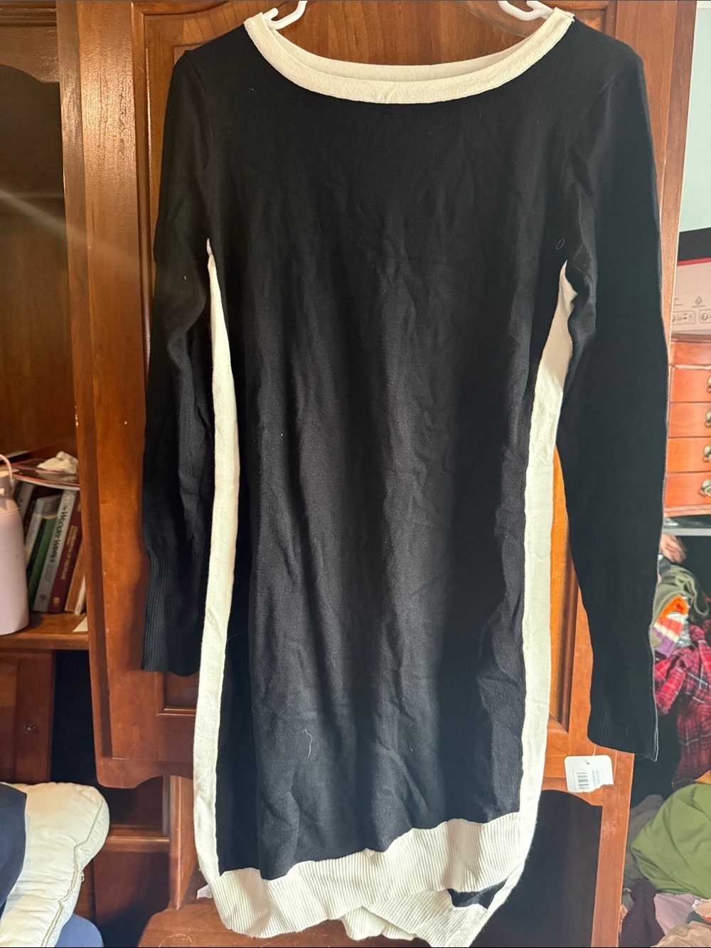 Black and White Contrast Long Sleeve Women's Sweater Dress